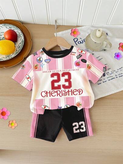 可爱复古夏季水果徽章23号条纹印花，粉色和黑色，女婴休闲宽松圆领短袖T恤和紧身骑行短裤套装，适合春夏季，清凉夏日