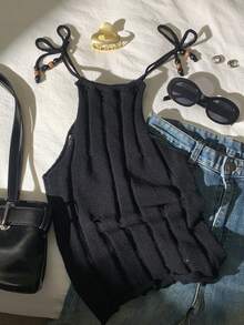 Comfortcana Women's Solid Color Halter Self-Tie Cold-Shoulder Cropped Knitted Sweater Vest