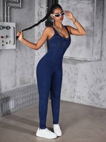 SHEIN ICON 女士休闲百搭无袖牛仔连身裤 - 深色水洗藍 - 查看 5