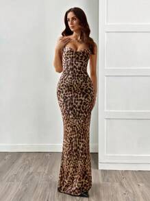 SHEIN Tall 女士长款休闲连衣裙，简约时尚豹纹吊带，日常穿着 - 棕色 - 查看 8