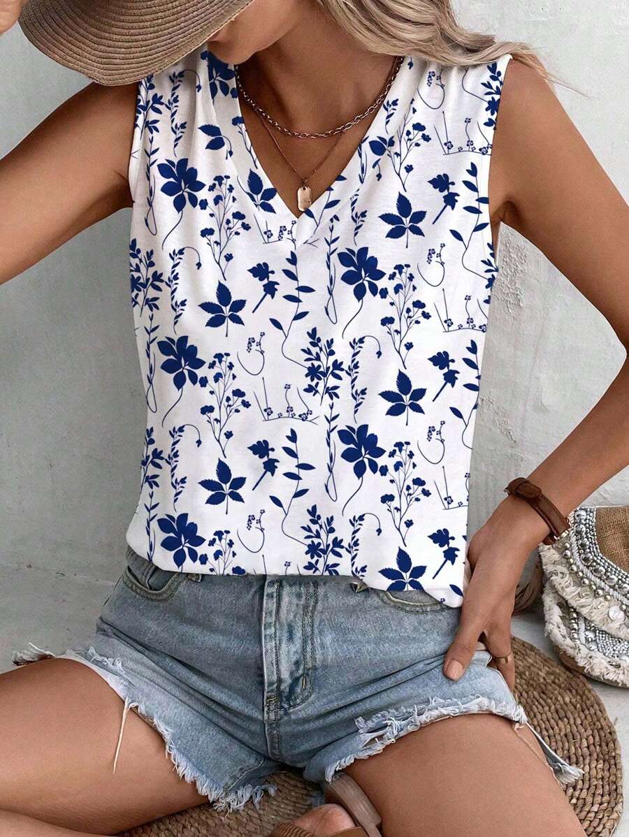 EMERY ROSE Plus Size Ditsy Floral V-Neck Women Casual Tank Top, Versatile Fitted Resort Wear, Suitable For Spring & Summer Suitable For Going Out - Multicolor - View 1
