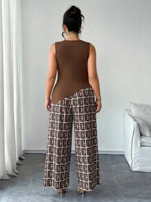 SHEIN Clasi Set da 2 pezzi, maglia in maglia morbida tinta unita con collo a giro e pantaloni casual a gamba ampia con stampa, ideale per taglia forte, per uscite e spostamenti quotidiani - Multicolore - Visualizzare 2