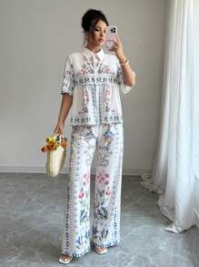 Chiquease Women's Elegant Floral Print Vacation Fresh Comfortable Top And Straight Leg Pants Set