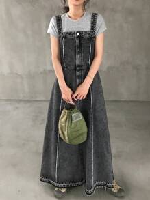 FRIFUL 女式休闲水洗无袖加长牛仔连衣裙 - 黑色 - 查看 3