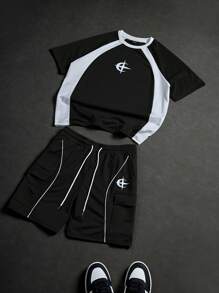PAVTROS Bộ áo phông Raglan cổ tròn tay ngắn in chữ thường ngày cho nam và quần short cạp rút - Đen và trắng - Xem 3