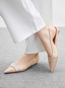 CUCCOO BIZCHIC 女士夏季新款丝带扣尖头低跟平跟趣味高跟休闲百搭舒适皮革一脚蹬平底鞋，适合办公室和通勤 - 杏色 - 查看 5