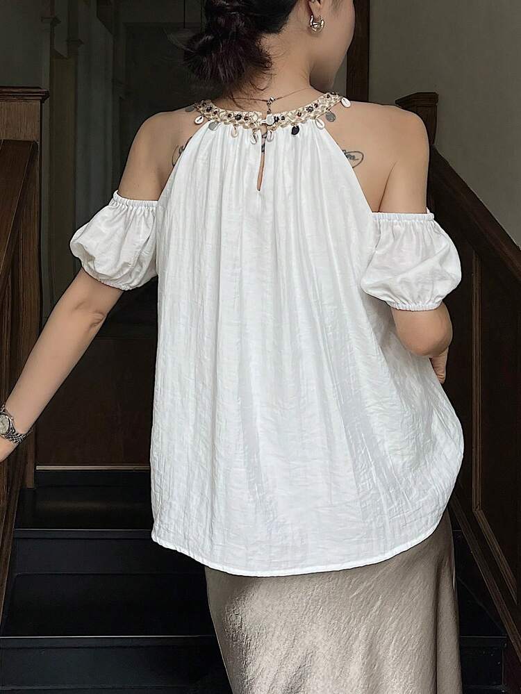 Women's Elegant Sequin Patchwork Off-Shoulder Blouse, Summer Preppy Tops