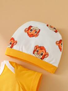 SHEIN 4pcs Baby Boys' Casual Daily Wear Basic Home Cute & Fun Lion Printed Bodysuit And Long Pants Set With Hat & Gloves, Spring/Summer - Yellow - View 5