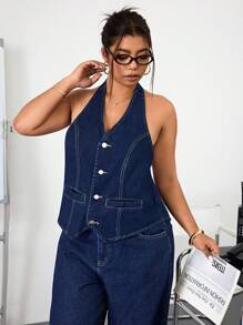 Jeanoix Plus Size Women's Denim Camisole Tank Top Spaghetti Strap Vest - Dark Wash - View 3