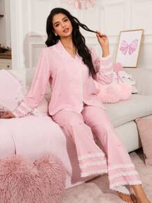 甜美浪漫蝴蝶结条纹印花蕾丝边女式睡衣套装 - 粉色 - 查看 5