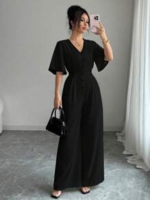 Rafferiza 女式短袖连体裤，撞色饰边，纽扣细节，V 领，抽绳腰部，修身款，适合度假