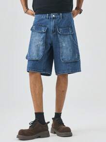 Manfinity EMRG Herren Große Größen Loose Fit Weite Bein Lässig Denim Shorts mit großen Taschen