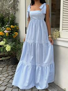 SHEIN Unity Vestido largo con correa de espagueti de cintura alta, escote cuadrado, sin mangas y espalda descubierta con cordón, a rayas azules, de estilo sexy y de vacaciones, para primavera/verano - Azul - Ver 4
