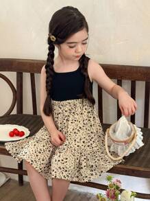 LMoss Kids 年轻女孩碎花拼布荷叶边下摆无袖连衣裙，夏季 - 灰色 - 查看 4