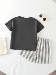 Playful Pals 2pcs Toddler Boys' Casual Loose Graphic Print Round Neck T-Shirt And Striped Print Shorts Set, Comfortable And Versatile For Spring/Summer Outdoor Play And Daily Wear Summer Holiday - Dark Grey - View 2