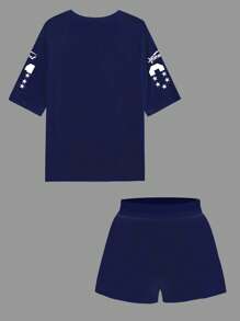 Slaydiva 2pcs Women Casual Letter Print Short Sleeve T-Shirt And Shorts Sports Set, Summer - Multicolor - View 5