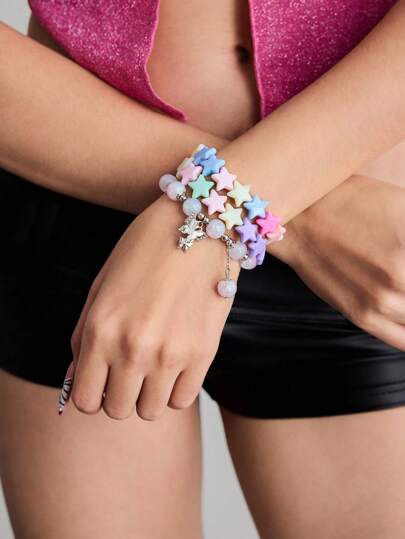 Anime 3 أساور نسائية أنيقة للمطابقة اليومية مزينة بخيوط وفراشات اصطناعية مرصّعة بالكريستال النجمي