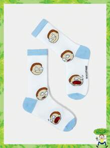 Rick and Morty X SHEIN 1 Par de Meias Tripulação Estilo Cartoon Colorblocked para Mulheres, Moda - Azul e Branco - Visão 3
