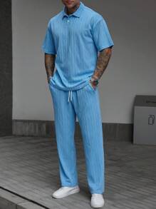 Manfinity Homme Men's Knitted Textured Fabric Polo Shirt And Pants Set - Blue - View 3