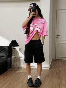 Coolane 女士街头服饰运动 Blockcore 数字印花网眼针织 T 恤，情侣同款 - 粉色 - 查看 5