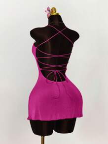 Amplova Ruched Cross Strap Backless Fitted Mini Dress With Adjustable Spaghetti Straps Bodycon Dress,Party Dress,Party Dresses For Women - Hot Pink - View 2