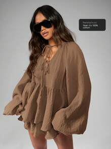 MISSGUIDED Cheesecloth Blouse With Floaty Shorts Festival Cottage Core Boho Summer Peasant Balloon Sleeve Ruffle Tiered Bohemian Beach Set - Brown - View 7