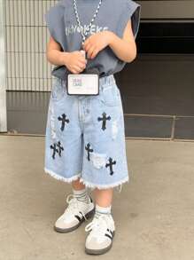 Pantalones cortos vaqueros desgastados con diseño de cruz gótica urbana de estilo callejero casual para niños jóvenes, cintura elástica, botón delantero, bajo deshilachado