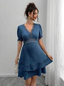 SHEIN Maternity V-Neck Patchwork Puff Sleeve Dress - Blue - View 4