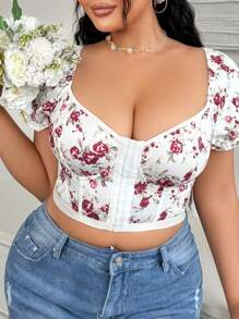 SHEIN 大码女式花卉印花甜心领短袖钢圈文胸 - 彩色 - 查看 4