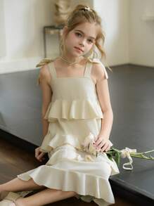 SHEIN Tween Girls' Summer Elegant Ruffle Hem Butterfly Decor Dress