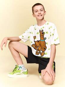 SCOOBY-DOO X SHEIN 青少年男孩卡通眼睛图案白色休闲百搭短袖 T 恤和黑色宽松短裤套装，夏季 - 黑與白 - 查看 9