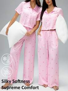 SHEIN Tall 2件套女士粉色蝴蝶结印花条纹短袖上衣和宽松裤子缎面睡衣套装 - 彩色 - 查看 7