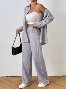 SHEIN PETITE 2 件套女士纯色纹理面料长袖衬衫和宽松裤子套装，夏季