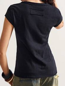 Bohemela Black V-Neck Short-Sleeved Washed Knit T-Shirt For Women - Black - View 2