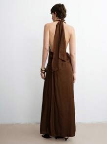 SHEIN Stylify 女士轻盈优雅简约高端休闲/度假/办公室舒适宽松纯色半透明双层面料长裙，侧开衩，口袋，交叉领带，春夏 - 棕色 - 查看 2