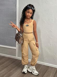 SHEIN 青少年女孩休闲街头风针织纯色吊带背心和慢跑裤套装 - 卡其色 - 查看 3