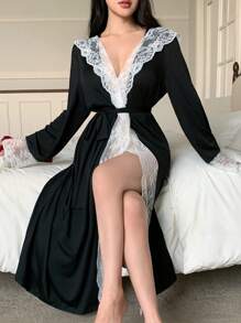 Snug Zone Casual Elegant Lace Patchwork Hooded Belted Bath Robe For Women, Cozy And Elegant Details, Fall & Winter - Black and White - View 6