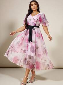 Modelyn Plus Size Floral Print V-Neck Belted Short Sleeve Elegant Dress
