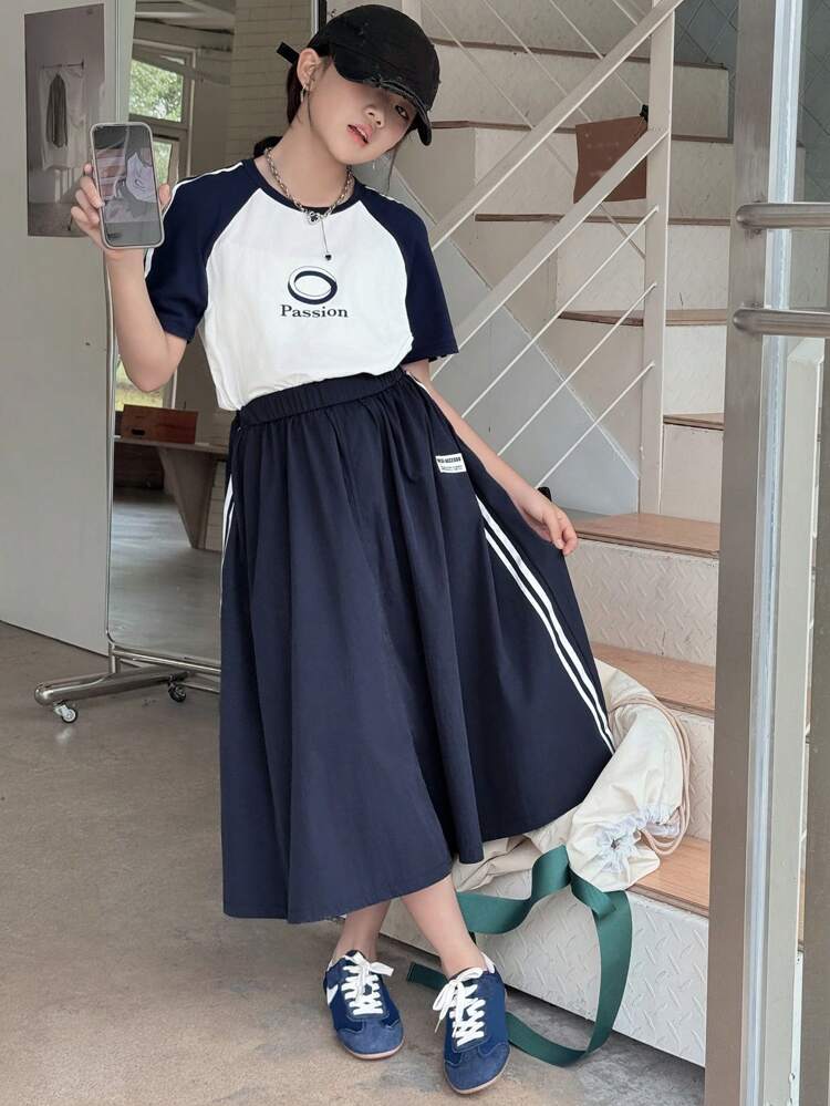 2pcs Tween Girl Girls Striped Crew Neck Short Sleeve Knitted Top & Shorts Set, Fall Back To School Clothes