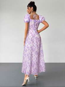 Firerie 女式新款蓝白花朵性感方领泡泡袖花卉印花前系带连衣裙，波西米亚风连衣裙，适合情人节、音乐会、表演、约会、派对、庆典、婚礼季节、性感、优雅、通勤、返校、度假、海滩、浪漫 - 紫色 - 查看 2