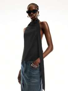 LYSMO 2025 New Arrivals Women's Ruched Halter Neck Satin Blouse With Adjustable Scarf-Tie Design And Open Back, And Avant-Garde, Hot Girl Style - Black - View 4