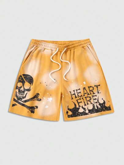 Street Life Men's Washed Distressed Graphic Skull Print Shorts