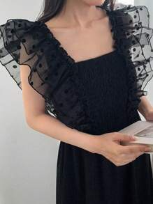 FRIFUL 女式蕾丝圆点拼接盖袖荷叶边下摆可调节肩带腰部纯色连衣裙 - 黑色 - 查看 3