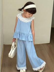 SHEIN Conjunto de top sin mangas con cuello de volantes y pantalones largos estilo princesa coreano y japonés para niñas jóvenes - Azul y blanco - Ver 1