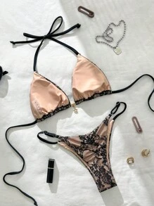 Swim Mod 2 件套无袖露背蕾丝金属装饰性感比基尼套装，夏季 - 黑色 - 查看 2