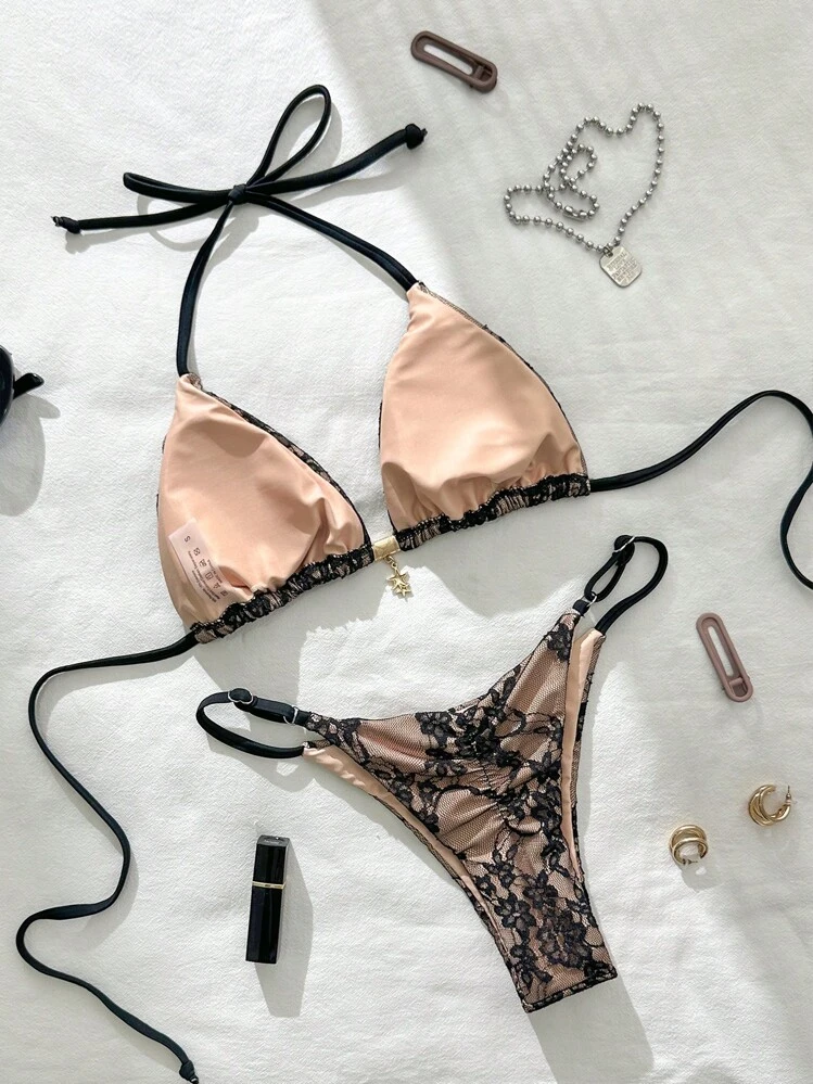 Swim Mod 2 pezzi Bikini set sexy con decorazione metallica, collo ad aletta senza maniche e schiena scoperta, estivo - nero - Visualizzare 2