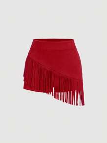 SHEIN MOD 女士红色绒面流苏两件套，音乐节服装，西部套装 - 紅色 - 查看 7