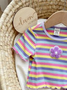 SHEIN Babygirl 可爱夏季休闲百搭针织彩色条纹短袖上衣和松紧腰裤套装