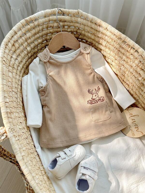 SHEIN Newborn Baby Girl Cartoon Graphic Bodysuit & Pocket Patched Overall Dress