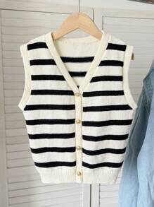 SHEIN 青少年女孩休闲简约舒适V领无袖条纹毛衣，带金属扣细节